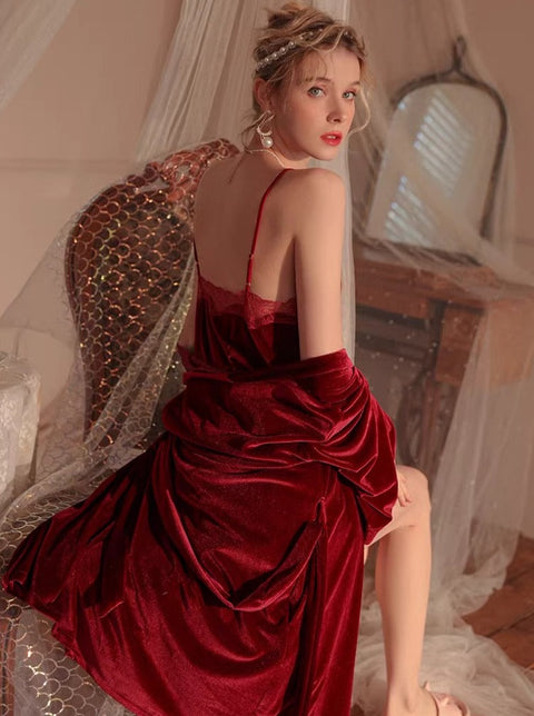 Lace Trim Slip Dress&Robe Velvet 2Pcs