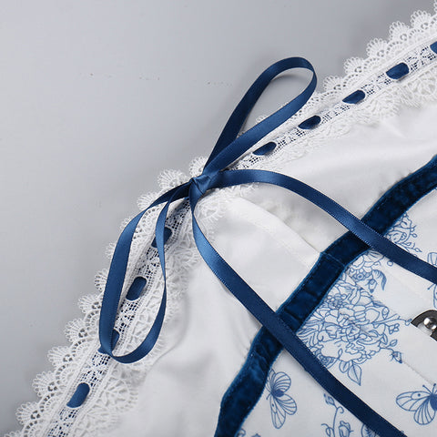 Off-shoulder Blue Floral Printed Dress
