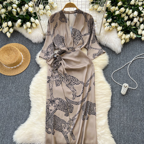 Leopard Printed Lace-up Satin Dress