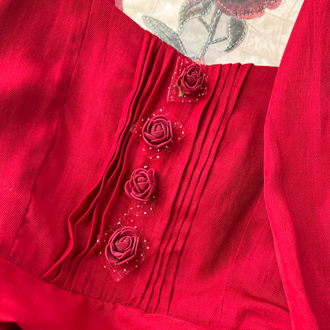 Vintage Rose Embroidered Red Dress