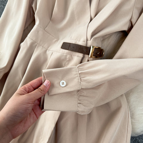 Elegant Solid Color Pleated Trench Dress