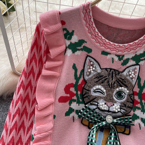 Vintage Ruffled 3d Kitty Pattern Sweater