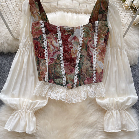 Square Collar Patchwork Floral Top