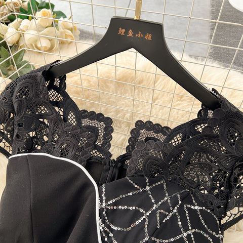 Elegant Sequined Embroidered Lace Black Dress