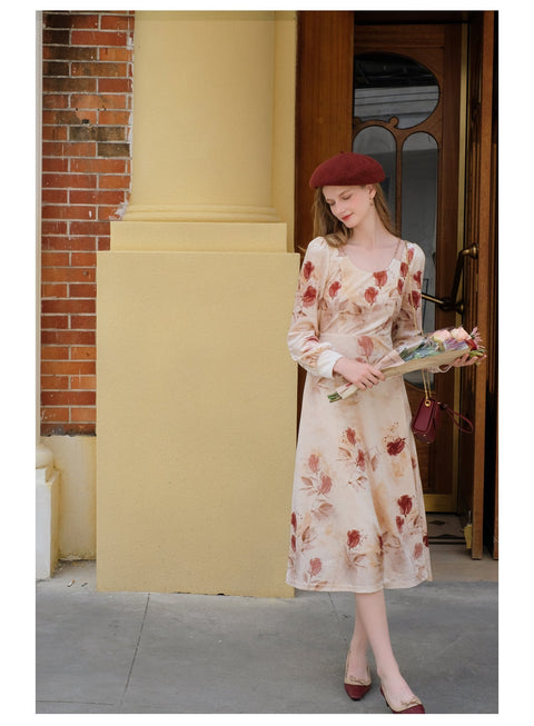 Elegant Rose Printed Velvet Dress