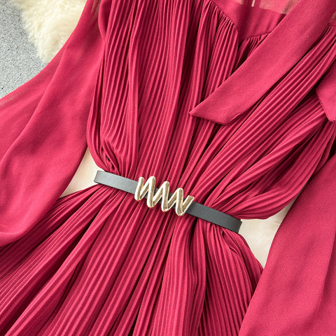 Bow-tie Pleated Chiffon Maxi Dress