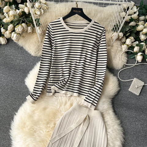 Striped Sweater&Draped Trousers Knitted 2Pcs