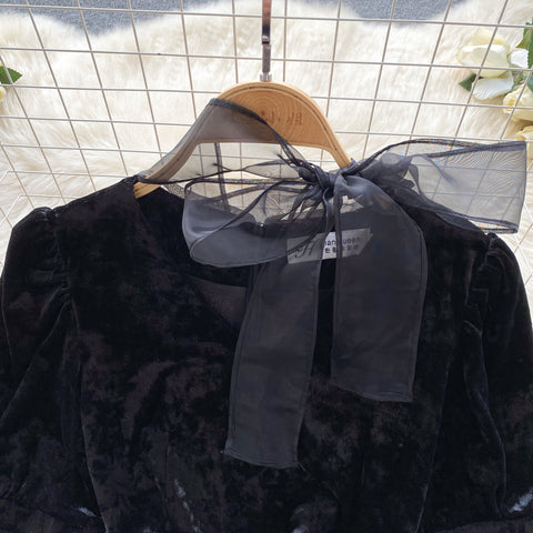 Mesh Bow-tie Black Velvet Dress