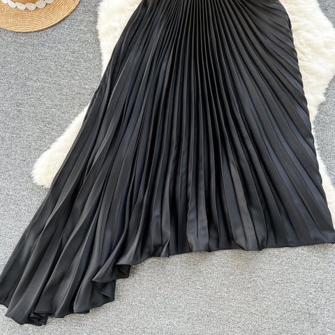 Slant Neckline Pleated Black Dress