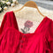 Vintage Rose Embroidered Red Dress