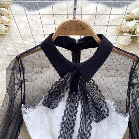 Lace Patchwork Bow-tie Black Dress