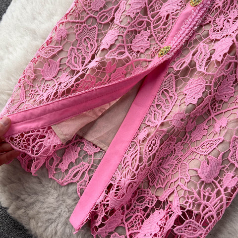 Pink Lace Embroidered Hollowed Dress
