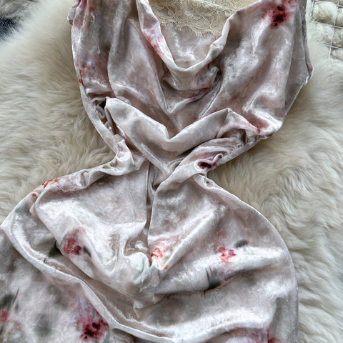 Draped Collar Floral Slip Velvet Dress