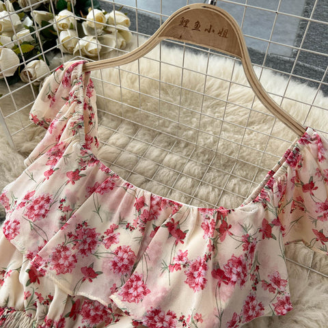 French Style Pleated Floral Dress