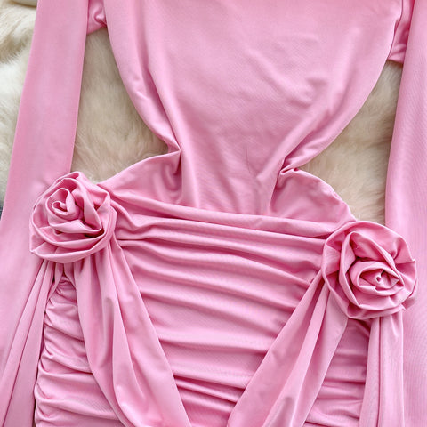 Solid Color Ribbon Pleated Dress