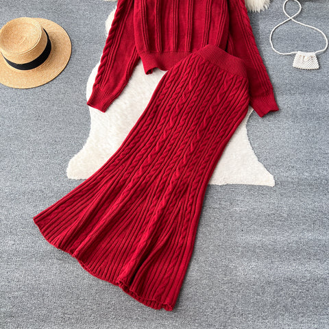 Twist-knitted Sweater&Fishtail Skirt 2Pcs