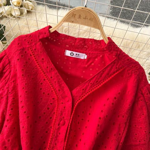 Embroidery Hollowed Ruffle Shirt Dress