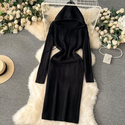 Vintage Hooded Black Knitted Dress