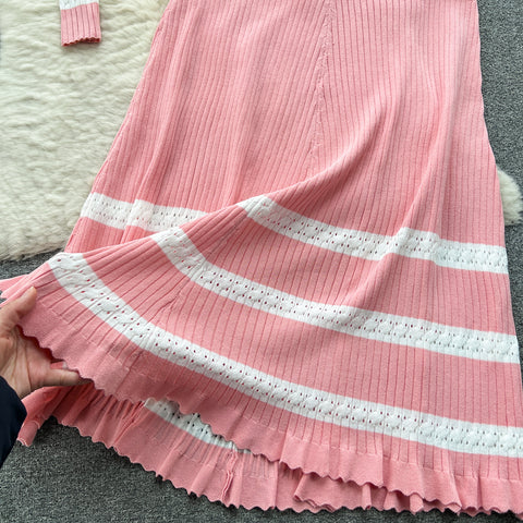 Striped Cardigan&A-line Skirt Knitted 2Pcs