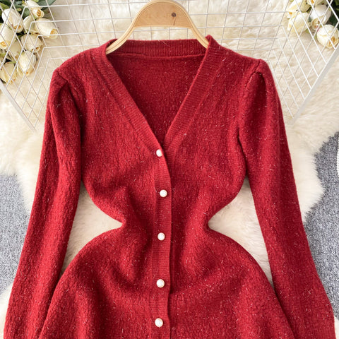 French Style V-neck Knitted Dress