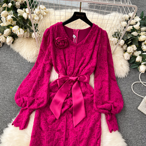 Stand Collar 3d Floral Lace Dress