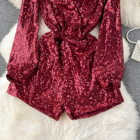 Deep V-neck Sequined Wide-leg Rompers