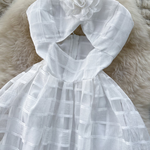Hollowed Plaid White Halter Dress
