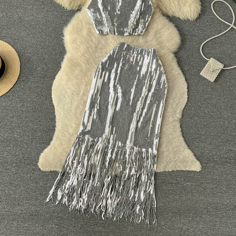 Camisole&Tassel Skirt Sequin 2Pcs Set