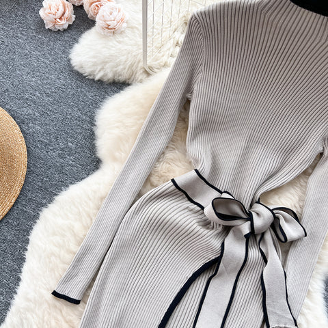 Elegant Lace-up Knitted Slim Dress