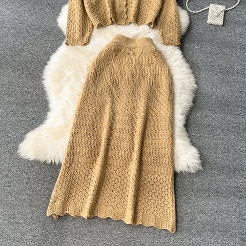 Hollowed Cardigan&Half-body Skirt Knitted 2Pcs