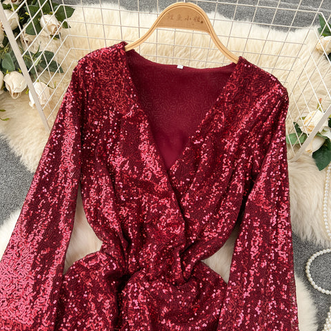 Deep V-neck Sequined Wide-leg Rompers