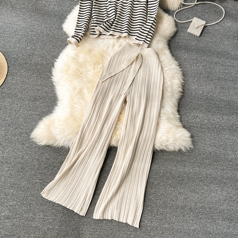 Striped Sweater&Draped Trousers Knitted 2Pcs
