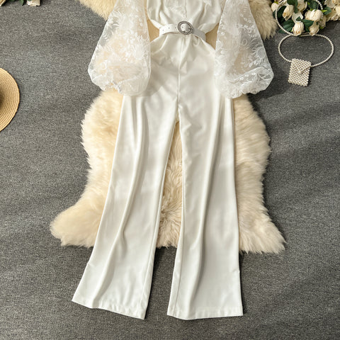 Courtly Bubble Sleeve Embroidery Jumpsuit
