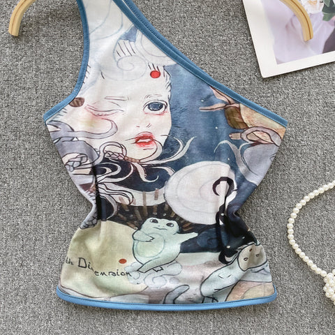 Bizarre Painting Printed One-shoulder Top