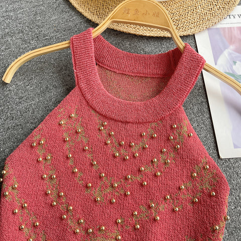 Chic Beaded Knitted Halter Camisole
