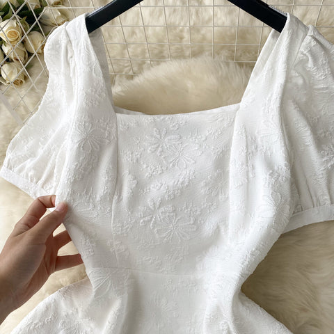 White Square-neck Puff Sleeve Dress