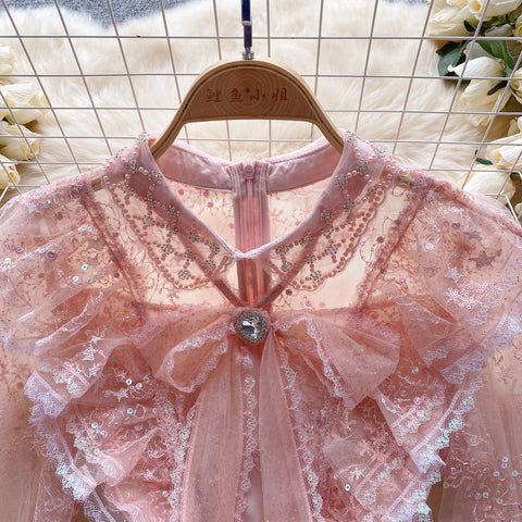 Pink Mesh Patchwork Tweed Dress