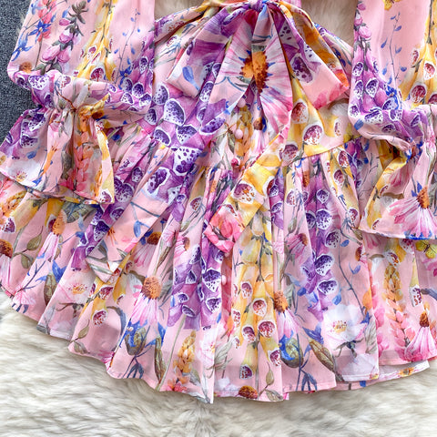 Puffy Sleeve V-neck Floral Chiffon Dress