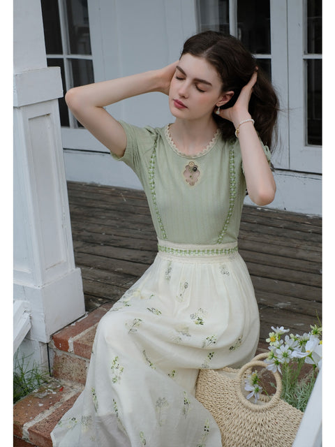 Lace Embroidered Knitted Shirt + Skirt