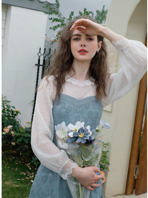 Sheer Chiffon Top & Floral Denim Dress