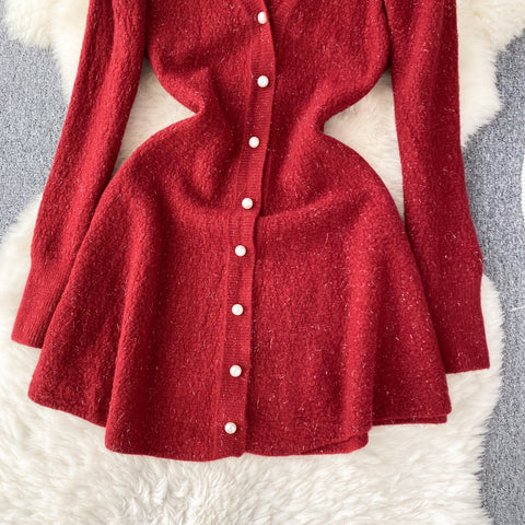 French Style V-neck Knitted Dress