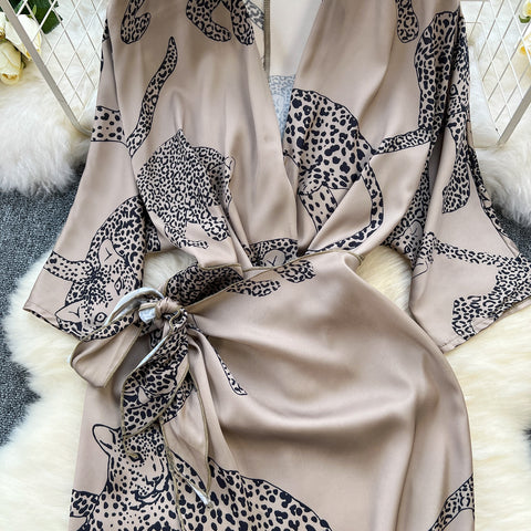 Leopard Printed Lace-up Satin Dress