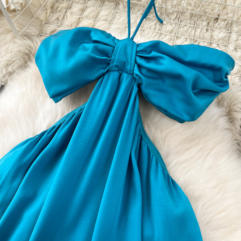 Hollowed Blue Satin Halter Dress