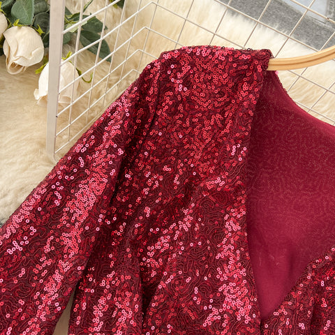 Deep V-neck Sequined Wide-leg Rompers