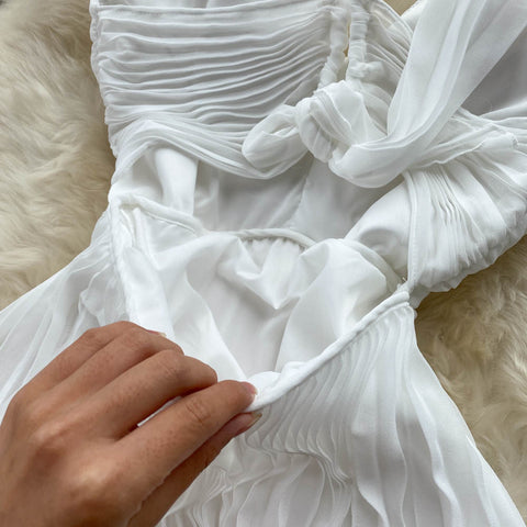 High-waist Pleated White Chiffon Dress