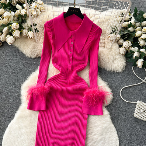 Lapel Furry Cuff Knitted Dress