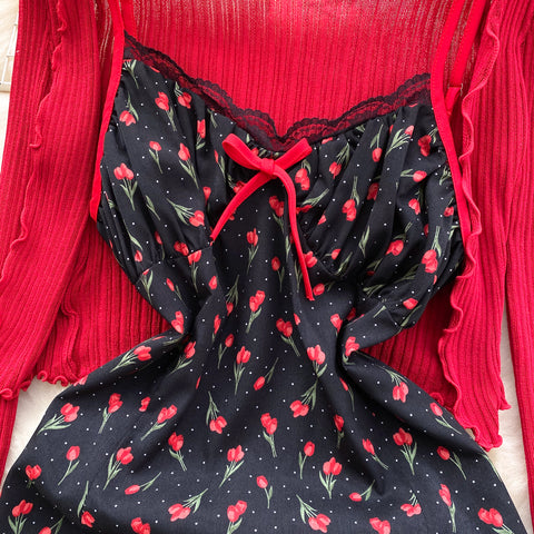 Floral Slip Dress&Red Cardigan 2Pcs