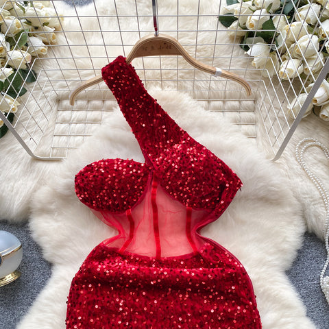 Slant Shoulder Sequin Mini Party Dress