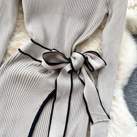 Elegant Lace-up Knitted Slim Dress