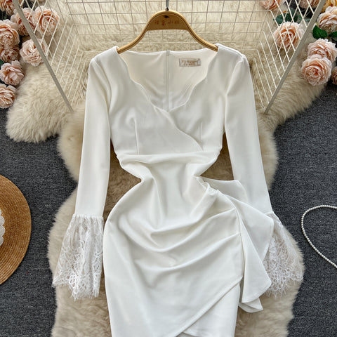 Ruffled V-neck Lace Cuff White Dress